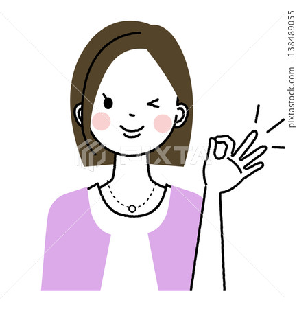 A woman with bobbed hair and office casual attire is winking and making an OK sign. A woman with bobbed hair and office casual attire is winking and making an OK sign. 138489055