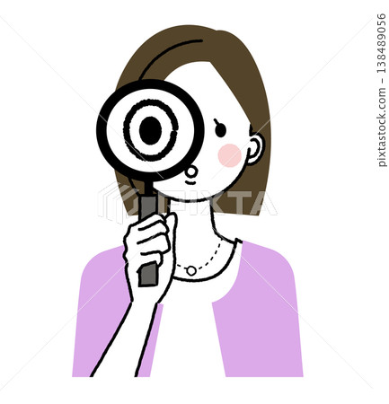 A woman with bobbed hair and office casual attire is looking at a woman with a magnifying glass. 138489056