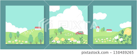 手繪風格的背景素材，以三幅畫面展現了清晨的山丘和花田。 138489265