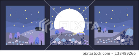 手繪風格的背景圖，以三格畫面描繪了月光下的山丘和繁星點點的夜空。 138489266