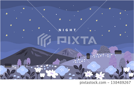 一幅手繪風景畫,描繪了夜空下的山丘和山脈,畫中還有一座小房子和一片花田,採用橫向、輕鬆的向量格式。 一幅手繪風景畫,描繪了夜空下的山丘和山脈,畫中還有一座小房子和一片花田,採用橫向、輕鬆的向量格式。 138489267