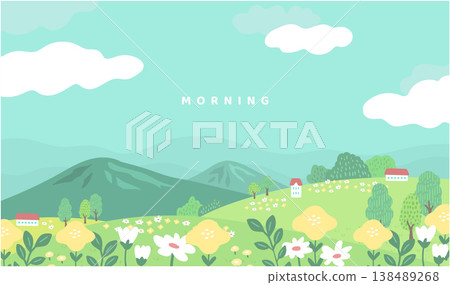 手繪風格的背景,描繪了柔和的晨空和白雲籠罩著開滿鮮花的山丘。 手繪風格的背景,描繪了柔和的晨空和白雲籠罩著開滿鮮花的山丘。 138489268