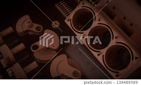 Engine Cylinder Block And Pistons Mechanical Parts 3d render. 138489389