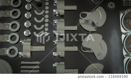 Shiny Engine Cylinder Block And Pistons Mechanical Parts 3d render. 138489390