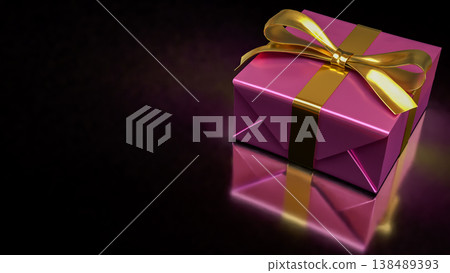 Luxury Pink Gift Box With Golden Ribbon On Dark Background 3d render. 138489393
