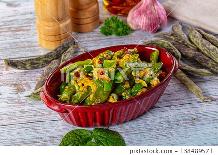 Steamed green beans with egg scramble Steamed green beans with egg scramble 138489571