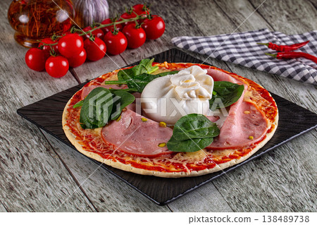 Pizza with mortadella and burrata Pizza with mortadella and burrata 138489738
