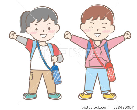 An illustration of children going on a field trip with backpacks on their backs. 138489897