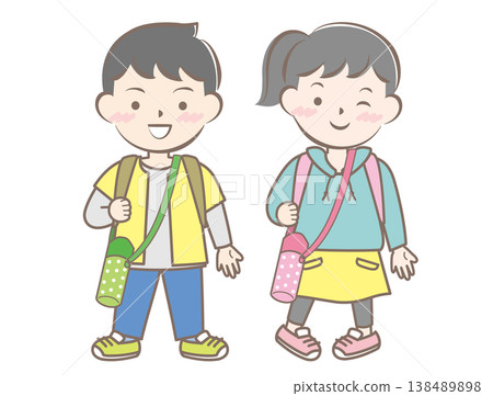 An illustration of children going on a field trip with backpacks on their backs. 138489898