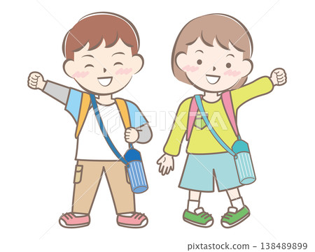 An illustration of children going on a field trip with backpacks on their backs. 138489899