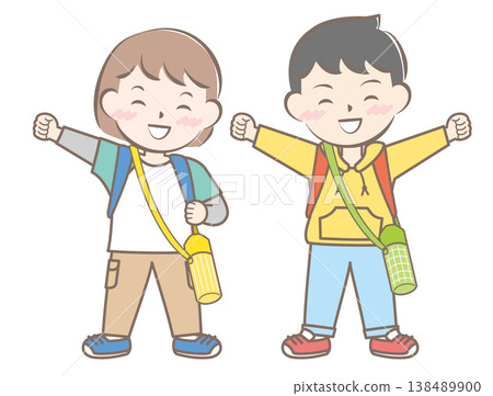 An illustration of children going on a field trip with backpacks on their backs. 138489900