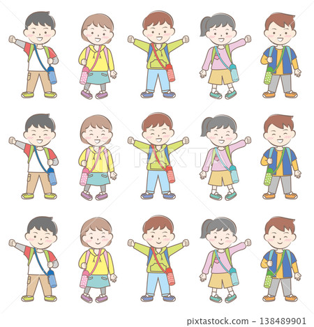 一幅描繪孩子們背著書包去郊遊的插圖。 138489901