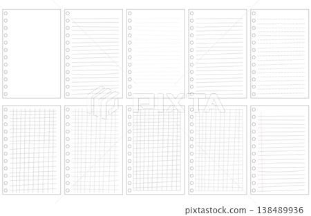 筆記本採用扭曲線條、活頁紙、方格紙、透明背景和圓形穿孔設計。 138489936