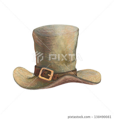 Traditional drown and green color leprechaun hat with belt and gold buckle, watercolor illustration. Top Hat for St. Patrick's Day Design Element for poster and card Traditional drown and green color leprechaun hat with belt and gold buckle, watercolor illustration. Top Hat for St. Patrick's Day Design Element for poster and card 138490081