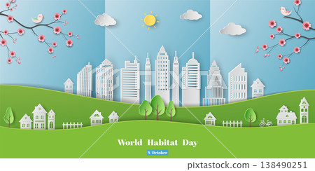 Poster campaign of world habitat day,eco city on paper art style Poster campaign of world habitat day,eco city on paper art style 138490251