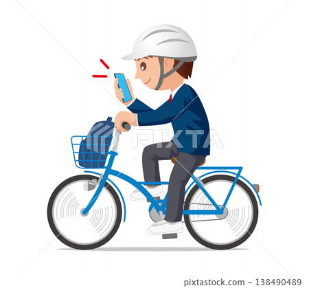 High school student wearing a bicycle helmet while using smartphone 01 138490489