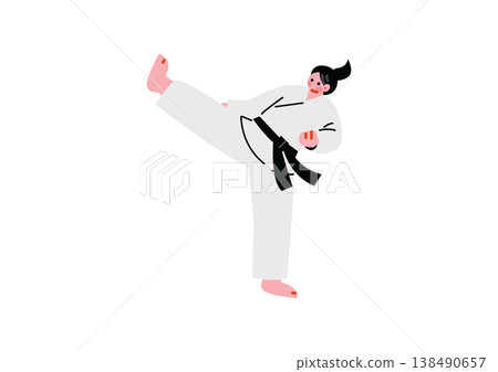 Illustration of a woman performing a karate kick. 138490657