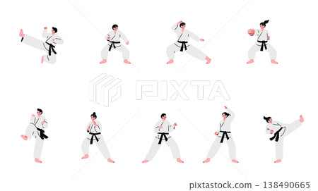 A set of illustrations of people practicing karate. 138490665