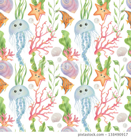 Cartoon seamless pattern of cute marine animals, sea life Cartoon seamless pattern of cute marine animals, sea life 138490917