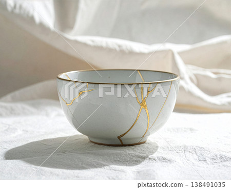 A white ceramic bowl with kintsugi (gold repair) that stands out against a fabric background. A white ceramic bowl with kintsugi (gold repair) that stands out against a fabric background. 138491035