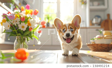 一隻柯基犬在花園裡欣賞花朵 138491214