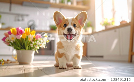 A Corgi posing amongst flowers 138491215