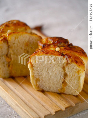 Tuna mayo bread, cross-section, close-up. 138491255