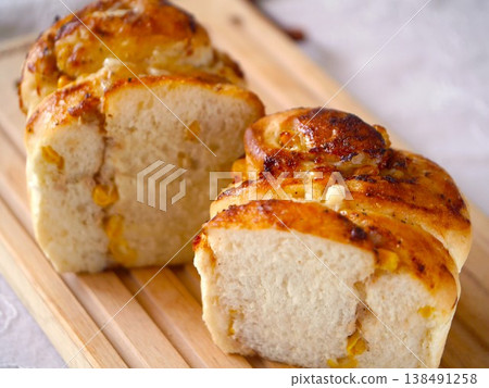 Tuna mayo bread, cross-section, horizontal view. 138491258