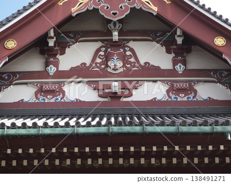 The decorative elements of the frog-leg brackets and hip-and-gable roofs in traditional Japanese shrine architecture. 138491271