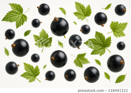Fresh black currant berries with green leaves scattered in flying motion pattern isolated on white background for organic food packaging 138491322
