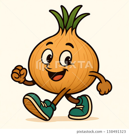 Cheerful cartoon onion character with green sprouts running in sneakers retro style illustration isolated on cream background 138491323
