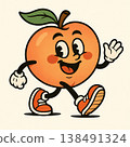 Cheerful cartoon peach character running with happy expression retro style illustration isolated on beige background 138491324