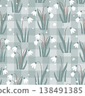 Seamless pattern with the first spring flowers. Vector illustration with graphic snowdrops, cute checkered background. 138491385