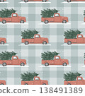 Christmas seamless pattern with red truck and Xmas trees on gingham background. Winter print with hand drawn vintage car and holiday snowy tree. Vector illustration 138491389
