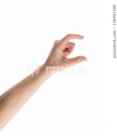 Adult man hand hold something with fingers isolated on white background Adult man hand hold something with fingers isolated on white background 138491390