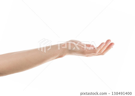 Adult man hand cupped hand hold something isolated on white background Adult man hand cupped hand hold something isolated on white background 138491400