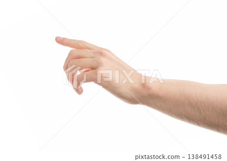 Adult man hand point or click gesture isolated on white background Adult man hand point or click gesture isolated on white background 138491458