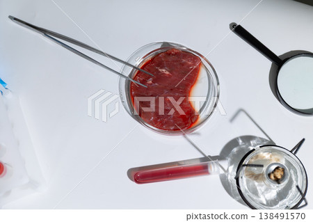 A sample of lab-grown meat, a biotechnological solution for hunger control and the future 138491570
