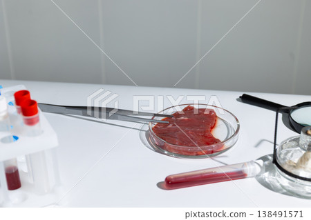 Lab grown meat sample in petri dish held by tweezers on white surface. In vitro cultivated tissue for sustainable food production. Biotechnology research in artificial protein development for hunger Lab grown meat sample in petri dish held by tweezers on white surface. In vitro cultivated tissue for sustainable food production. Biotechnology research in artificial protein development for hunger 138491571