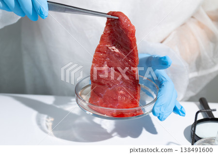 Woman scientist lifting lab-grown meat strip with forceps from petri dish. In vitro cultivation of artificial beef in biotechnology lab. Sustainable food production concept for future hunger Woman scientist lifting lab-grown meat strip with forceps from petri dish. In vitro cultivation of artificial beef in biotechnology lab. Sustainable food production concept for future hunger 138491600
