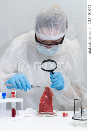 Woman scientist examining cultivated meat sample with magnifier and tweezers in lab. In vitro protein production research. Biotechnology for sustainable food and hunger solutions. photography Woman scientist examining cultivated meat sample with magnifier and tweezers in lab. In vitro protein production research. Biotechnology for sustainable food and hunger solutions. photography 138491601