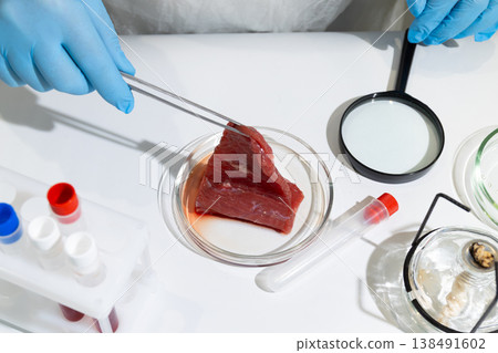 Scientist in lab coat using tongs to examine reddish lab-grown meat in petri dish. In vitro cultivation of artificial tissue for sustainable protein production. Biotechnology innovation for global 138491602