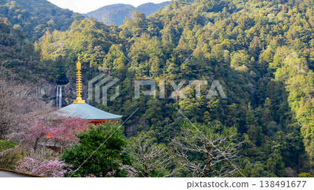 Seiganto-ji Temple's three-story pagoda finial and Nachi Falls, Wakayama Prefecture 138491677