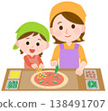 A girl and a woman putting toppings on a homemade pizza (illustration) A girl and a woman putting toppings on a homemade pizza (illustration) 138491707