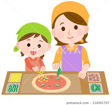 A girl and a woman putting toppings on a homemade pizza (illustration) A girl and a woman putting toppings on a homemade pizza (illustration) 138491707