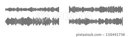 Sound wave vector icon set with podcast audio waveform elements. Music frequency lines and radio signal patterns for voice recording. Microphone equalizer graphics with speech soundtrack symbols 138491736