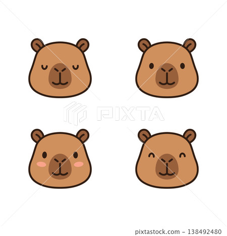 Set of four cute cartoon capybara faces with different expressions showing happy sleepy blushing emotions in brown color illustration Set of four cute cartoon capybara faces with different expressions showing happy sleepy blushing emotions in brown color illustration 138492480