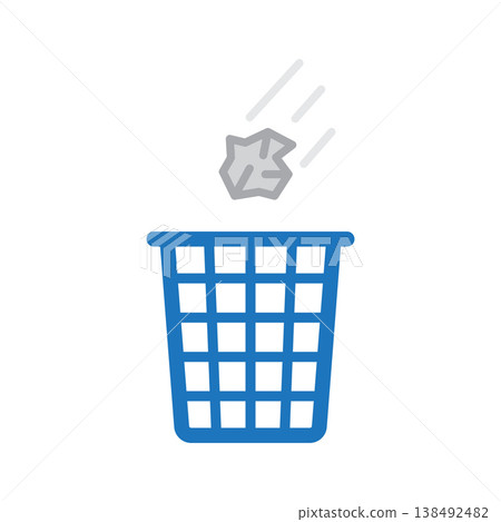Blue trash bin icon with crumpled paper falling into basket representing waste disposal and recycling concept on white background Blue trash bin icon with crumpled paper falling into basket representing waste disposal and recycling concept on white background 138492482