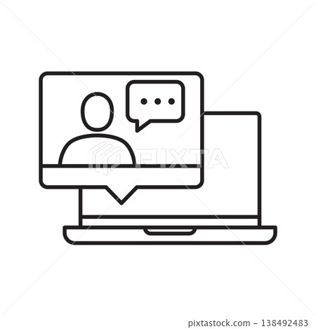 Video conference icon showing laptop screen with person and chat bubble representing online meeting remote communication and virtual collaboration 138492483