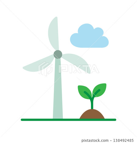 Wind turbine icon with green plant sprout and blue cloud representing renewable energy sustainability and environmental protection concept Wind turbine icon with green plant sprout and blue cloud representing renewable energy sustainability and environmental protection concept 138492485